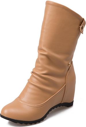 Generic Womens Mid-Calf Boots With Wedge Heel Ruched Design Side Zipper Round Closed Toe Metal Button Accents Soft Inner Lining Durable Non-Slip Outsole,Apric