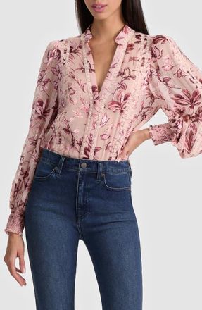 Alice & Olivia Arlette Lace Trim Floral Satin Burnout Shirt in Mystic Garden English Rose at Nordstrom, Size X-Large