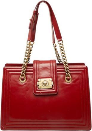 Chanel Red Color Leather Shoulder Bag Tote Bag (Pre-Owned)