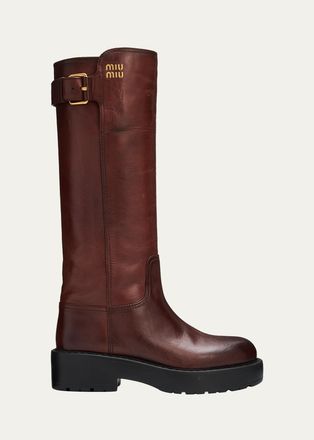 Miu Miu 55mm Lug-Sole Leather Knee-High Boots