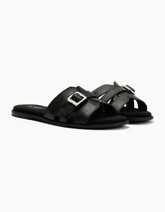 Toms Womens TOMS Sol Mule Leather Womens Black Sandals - Size: 6