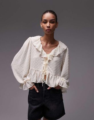 Mango ruffle tie front top in white