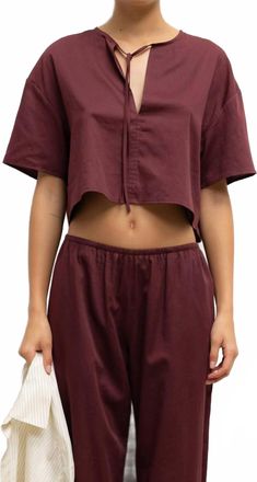 Leset Yoko Short Sleeve Tie Top In Merlot