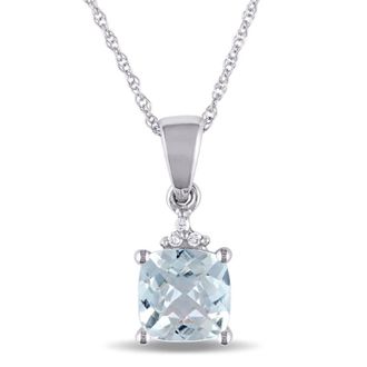 Amour Cushion Cut Checkerboard Aquamarine Pendant and Chain with Diamond Accent In 10K White Gold