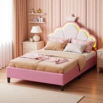 OEM Cama Princesa Iluminada 140x200 - Corona Luminoso Led Rgb - Somier Incluido - Terciopelo Rosa - Altura Ajustable