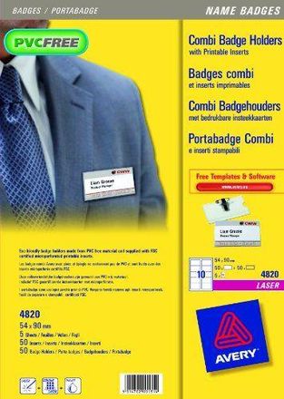 Avery Kit Portabadge Combi 4820 Con Spilla E Clip, 50 Portabadge + 50 Inserti Stampabili, 54x90 Mm, Trasparente