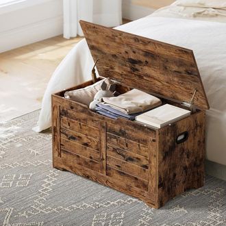 Vasagle Medium Rustic Storage Chest Blanket Box Safety Hinges Bench in Brown
