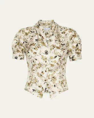 Max Mara Short-Sleeve Printed Silk Top