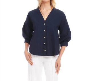 Karen Kane Lantern Sleeve Pearl Button Top In Navy