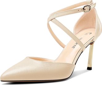 Castamere Womens High Heel Pointed Toe Pumps Court Shoe Ankle Strap Cross-Strap Wedding Dress 8.5 CM Heels Nude 5 UK