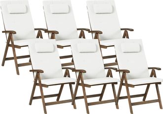 Beliani Conjunto De 6 Sillas De Jard&iacute;n R&uacute;sticas De Madera De Acacia Natural Ajustables Plegables Con Reposabrazos Marr&oacute;n Oscuro Con Cojines Blanco Crema Amant