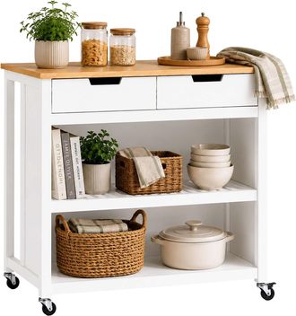 Relaxdays Carrito De Cocina Relaxdays, Encimera, 2 Cajones, 2 Comp., Con Asiento, 94x100x60 Cm, Mesa Con Ruedas, Blanco/natural