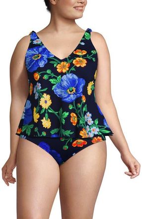 Lands End Chlorine Resistant V-neck Shoulder Tie Flutter Tankini Swimsuit Top in Lake Blue at Nordstrom, Size 26W