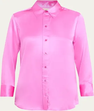 L'agence Dani Silk Satin 3/4-Sleeve Button-Down Blouse