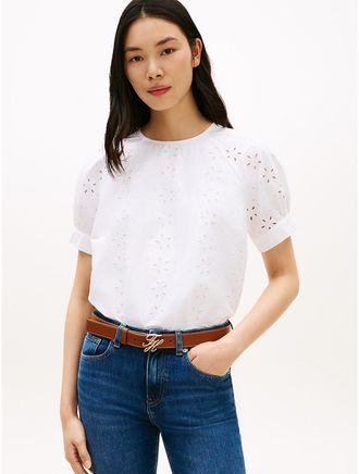 Tommy Hilfiger Womens Puff-Sleeve Embroidered Eyelet Top - White - XXL