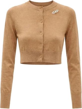 Simone Rocha Cropped Merino Zijde Cardigan met Borduursel - Dames - Vesten - Beige - M - Wol - Truien & Vesten