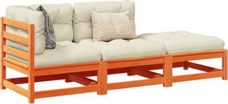 vidaXL Set De Sof&aacute;s Jard&iacute;n 3 Pzas Con Cojines Madera Pino Marr&oacute;n Cera Vidaxl