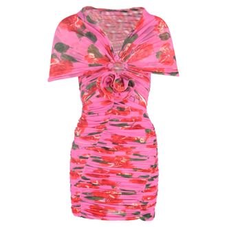Magda Butrym mini-jurk met bloemenprint, ruches en blote schouders in roze polyamide