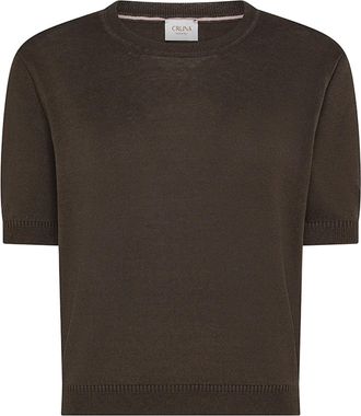 Cruna Cropped Brown Smooth Fabric Ribbed T-Shirt
