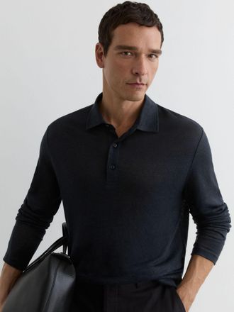 Reiss Navy Linen Long-sleeve Knitted Polo Shirt, Xxl