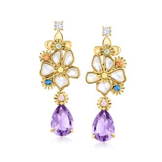 Ross-Simons Mother-Of-Pearl and Multi-Gemstone Flower Drop Earrings in 18kt Gold Over Sterling