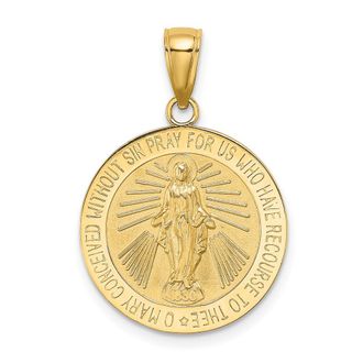 Diamond2Deal 14k Yellow Gold Polished and Satin Miraculous Medal Round Charm Pendant