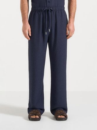 Mani&egrave;re De Voir Addison Unisex Textured Relaxed Fit Trousers in Navy at Nordstrom, Size Small