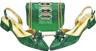 Generic Womens Shoe and Bag Set Sparkly Rhinestone Large Crystal Decoration Pointed Toe Low Heels Sandals Matching Handbag