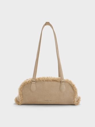 Charles & Keith Nelly Recycled Suede & Faux Shearling Elongated Shoulder Bag