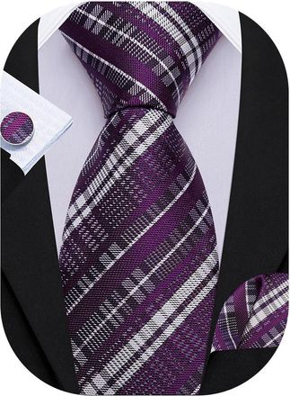 Barry.Wang Mens Purple Tie Tartan 63inch Extra Long Checked Silk Necktie Pocket Square Cufflinks Set Classic Wedding Formal