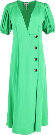 Ganni midi-wikkeljurk met pofmouwen in groene viscose