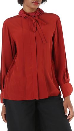 Chloé Ladies Peppery Red Ruffle-Neck Silk Shirt, Brand Size 38 (US Size 6)