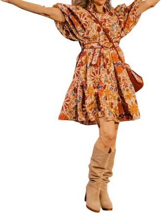 Olivaceous Floral Ruffle Sleeve Mini Dress In Cream & Burgundy