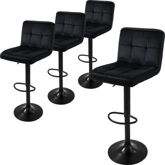 ML Design Ml-design Juego De 4x Taburetes De Bar Tapizados En Terciopelo Negro Sillas Con Respaldo Ergon&oacute;mico Y Reposapi&eacute;s Asiento C&oacute;modo De Mostrador Regulable