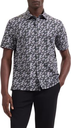 Bugatchi Milo OoohCotton Leaf Print Short Sleeve Button-Up Shirt in Black at Nordstrom, Size Xx-Large
