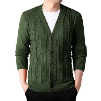 Generic Mens Thick Knit V-Neck Cardigan Loose Fit Casual Sweater Coat for Everyday Comfort and Style (Green, M)