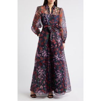 Julia Jordan Floral Long Sleeve Organza Shirtdress Gown in Navy Multi at Nordstrom, Size 16