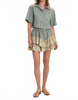 Greek Archaic Kori Classic Triangle Cropped Pleates Shirt In Sage-Gold