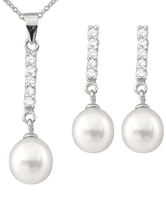 Splendid Pearls Rhodium Plated Silver 8-9Mm Freshwater Pearl & Cz Drop Earrings & Necklace Set