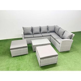 Fimous Garden Outdoor pe Rattan Furniture Set 8 Seater Rattan Garden Sofa Set with Oblong Coffee Table Light Grey Mixed - Fimous