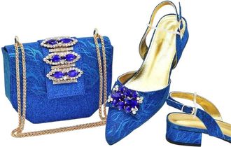 Generic Party Shoes and Bags to Match for Elegant Low Heels Pointed Toe Rhinestone Shoe and Bag Set for Wedding Blue