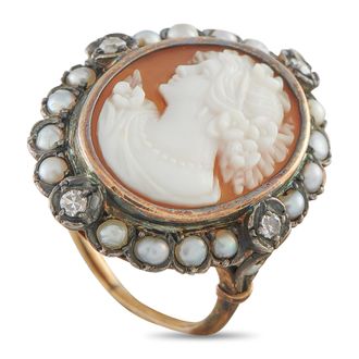 Luxury Bazaar Antique Victorian 14K White Gold and Silver Cameo Ring MF03-050726