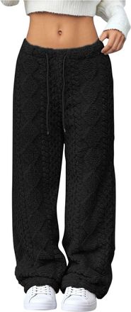Generic Ladies Trousers Jacquard Solid Elastic Waist Casual Pants Straight Leg Drawstring Jogging Bottoms Fleece Thickened Thermal Tracksuit Bottoms Autumn Wi