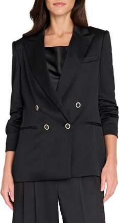 Tahari by ASL Double Breasted Crinkle Satin Blazer in Black at Nordstrom, Size 12