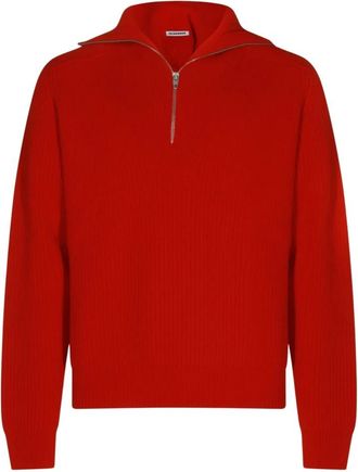 Jil Sander Trui met hoge hals en halve rits - Heren - Coltruien - Rood - M - Wol - Truien & Vesten