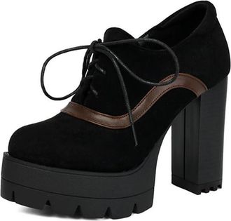 Generic Womens Platform Round Toe Oxford Shoes Block Heel Pumps Lace Up Fashion Casual Office Work Loafers (5.5,Brown)