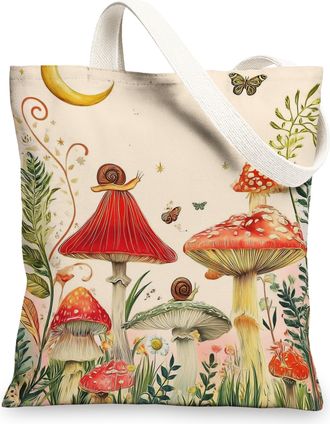 Generic Mushroom Canvas Tote Bag, Eco-Friendly Reusable Grocery Bags, Lightweight Cream Shoulder Strap Bags 13x15 Inch