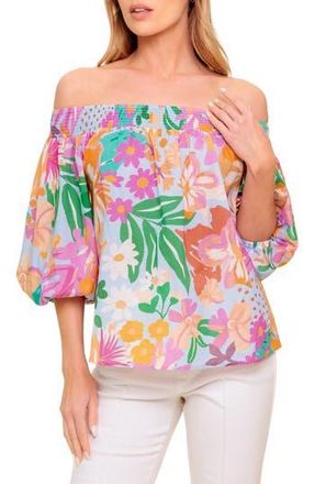 Flying Tomato Printed Off The Shoulder Top in Dusty Blue/Orange at Nordstrom Rack, Size Medium