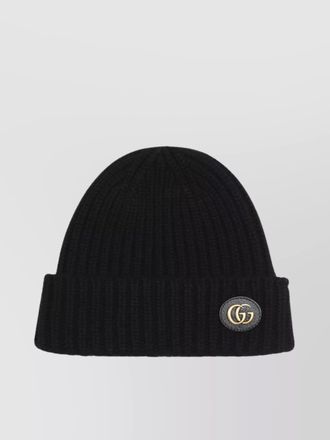 Gucci victor ribbed knit leather cuff hat