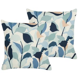 Beliani Conjunto De 2 Cojines De Jard&iacute;n Almohada De Exterior 45 X 45 Cm Poli&eacute;ster Estampado Hojas Azul Veglino